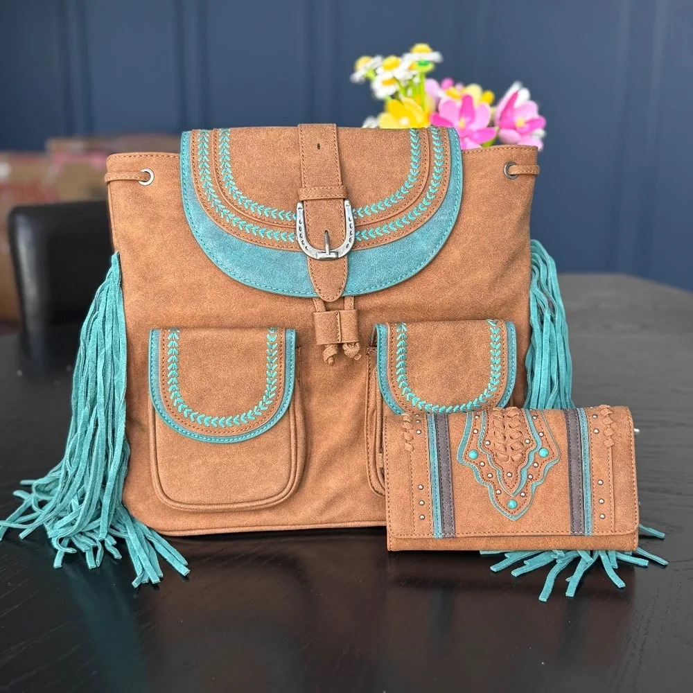 Montana West Fringe Buckle Collection Backpack Wallet Set- Brown